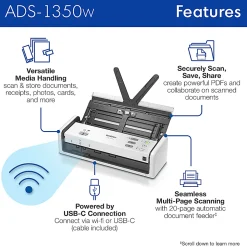 Brother Wireless Compact Desktop Scanner, ADS-1350W