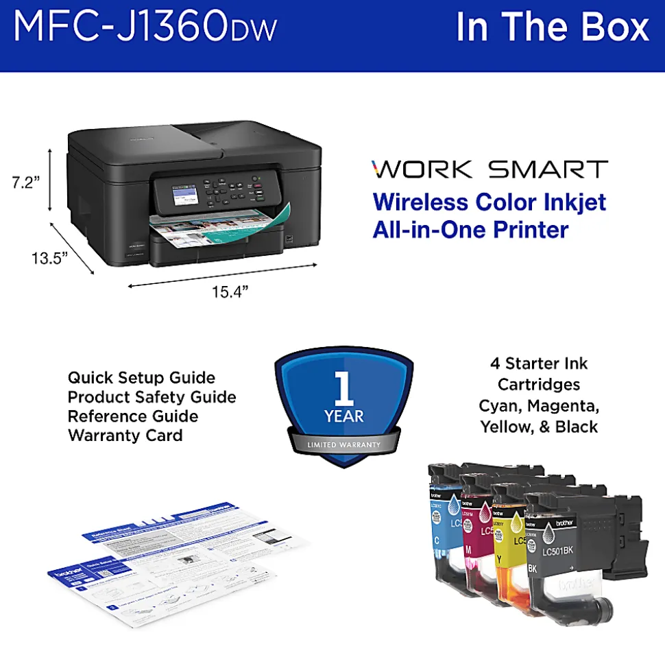 Brother Work Smart MFC-J1360DW Wireless Color Inkjet Printer, All-In-One Print/Scan/Copy, Best for home and home office