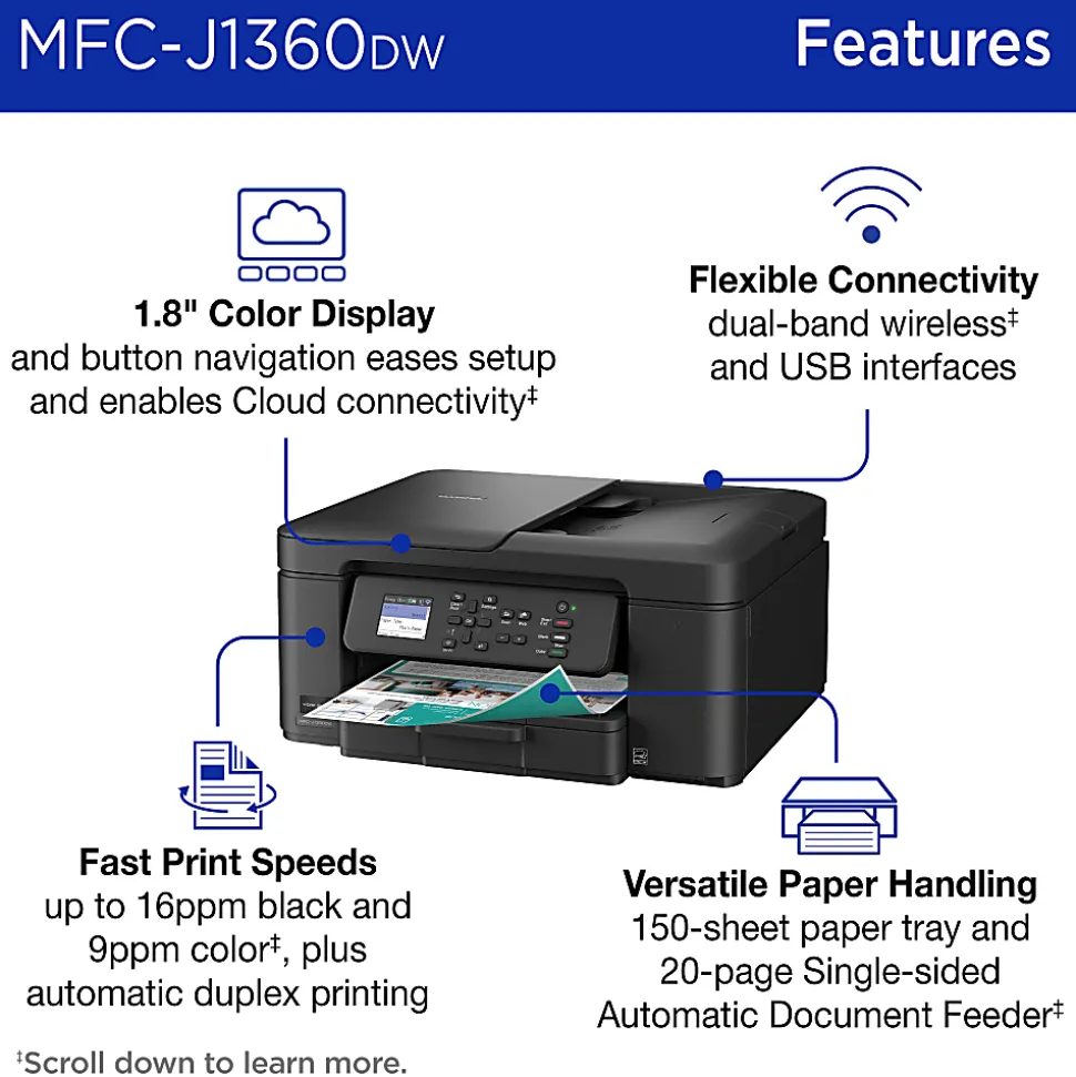 Brother Work Smart MFC-J1360DW Wireless Color Inkjet Printer, All-In-One Print/Scan/Copy, Best for home and home office