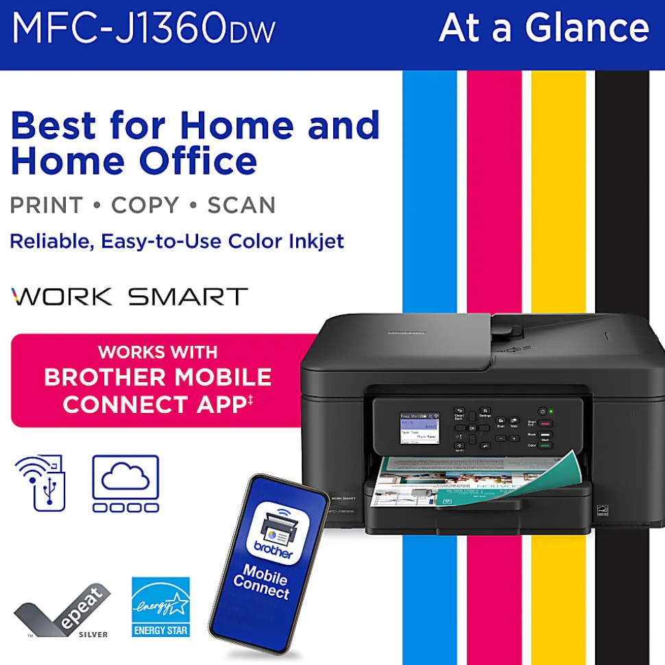Brother Work Smart MFC-J1360DW Wireless Color Inkjet Printer, All-In-One Print/Scan/Copy, Best for home and home office