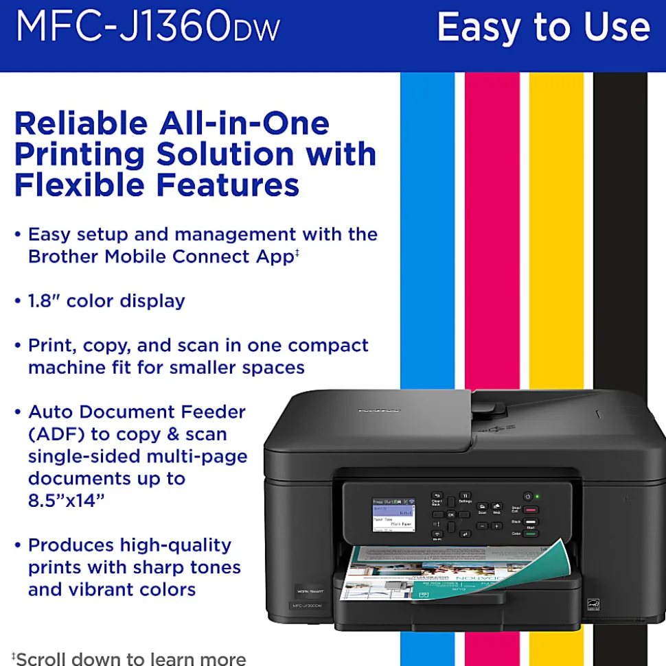 Brother Work Smart MFC-J1360DW Wireless Color Inkjet Printer, All-In-One Print/Scan/Copy, Best for home and home office