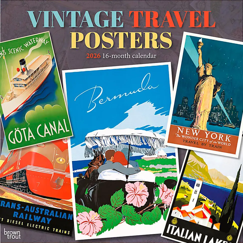 2026 BrownTrout Vintage Travel Posters Monthly Plastic-Free Square Wall Calendar, January to December 2026, 9798330706143 - 9798330706143