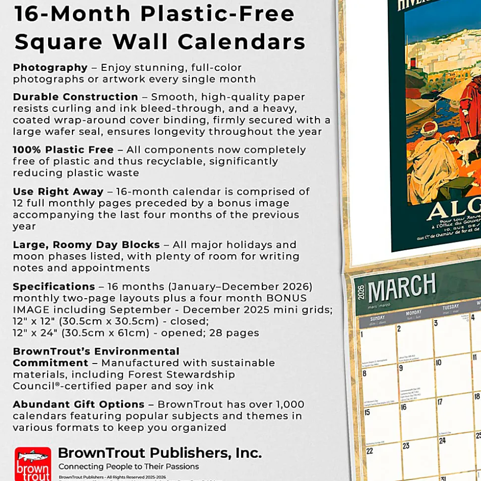 2026 BrownTrout Vintage Travel Posters Monthly Plastic-Free Square Wall Calendar, January to December 2026, 9798330706143 - 9798330706143
