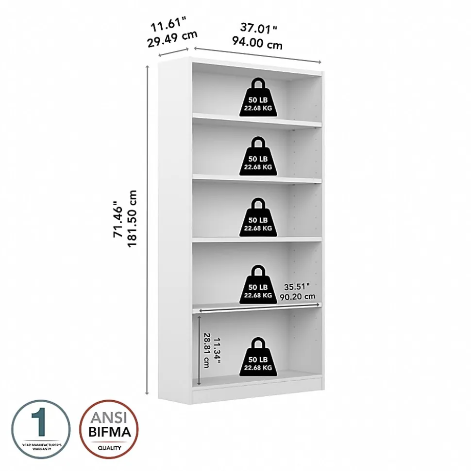 Bush Business Furniture Universal 72"H 5-Shelf Bookcase, Pure White, Standard Delivery