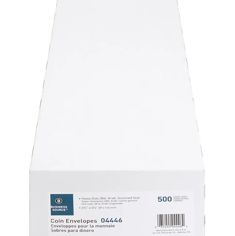 Business Source Little Coin No. 7 Kraft Envelopes - Coin - #7 - 3 1/2" Width x 6 1/2" Length - 28 lb - Gummed - Brown Kraft - Kraft - 500 / Box