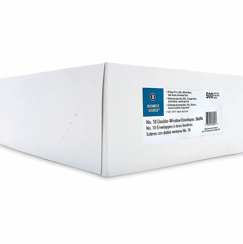 Business Source No. 10 Double-Window Invoice Envelopes - Double Window - #10 - 9 1/2"x 4 1/8" - 24 lb - Gummed - White - Wove - 500 / Box - 36694