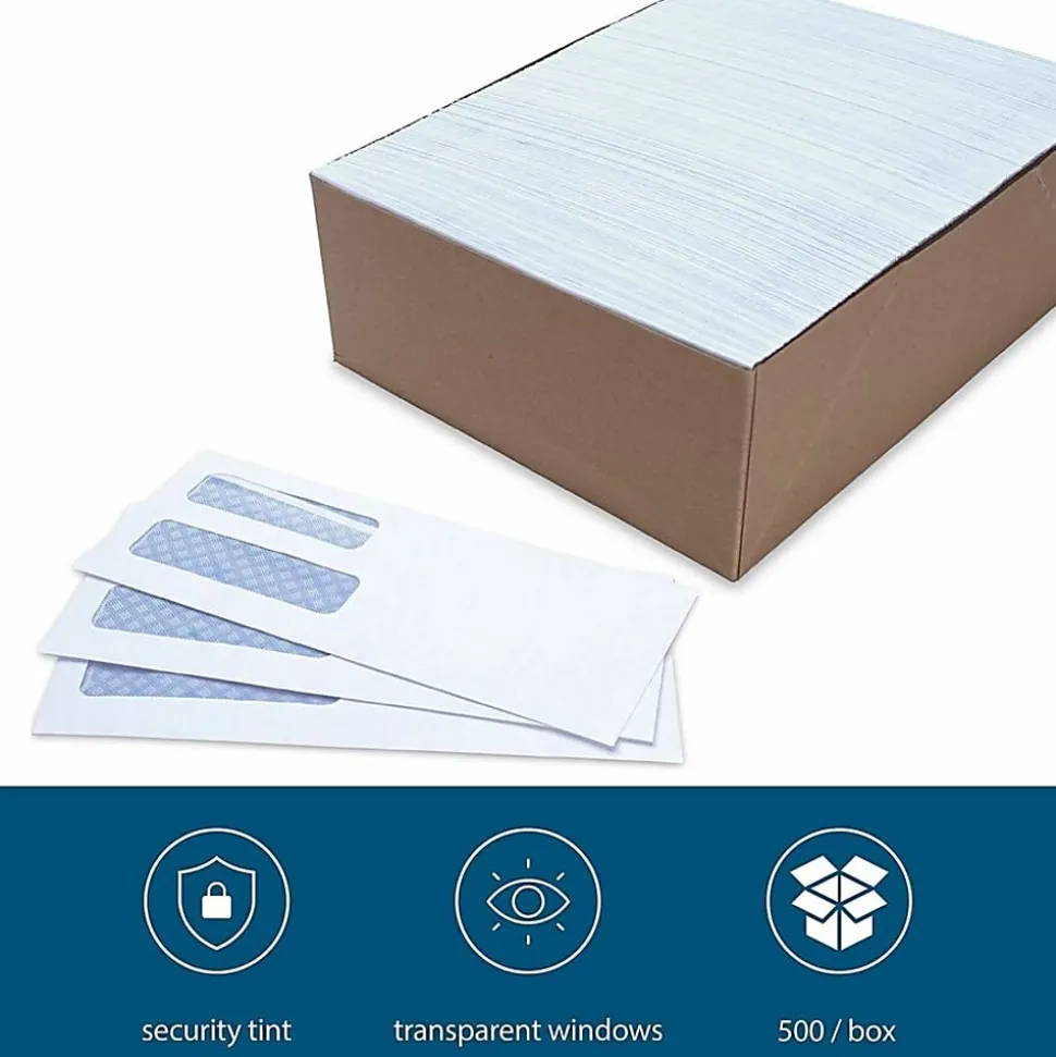 Business Source No. 10 Double-Window Invoice Envelopes - Double Window - #10 - 9 1/2"x 4 1/8" - 24 lb - Gummed - White - Wove - 500 / Box - 36694