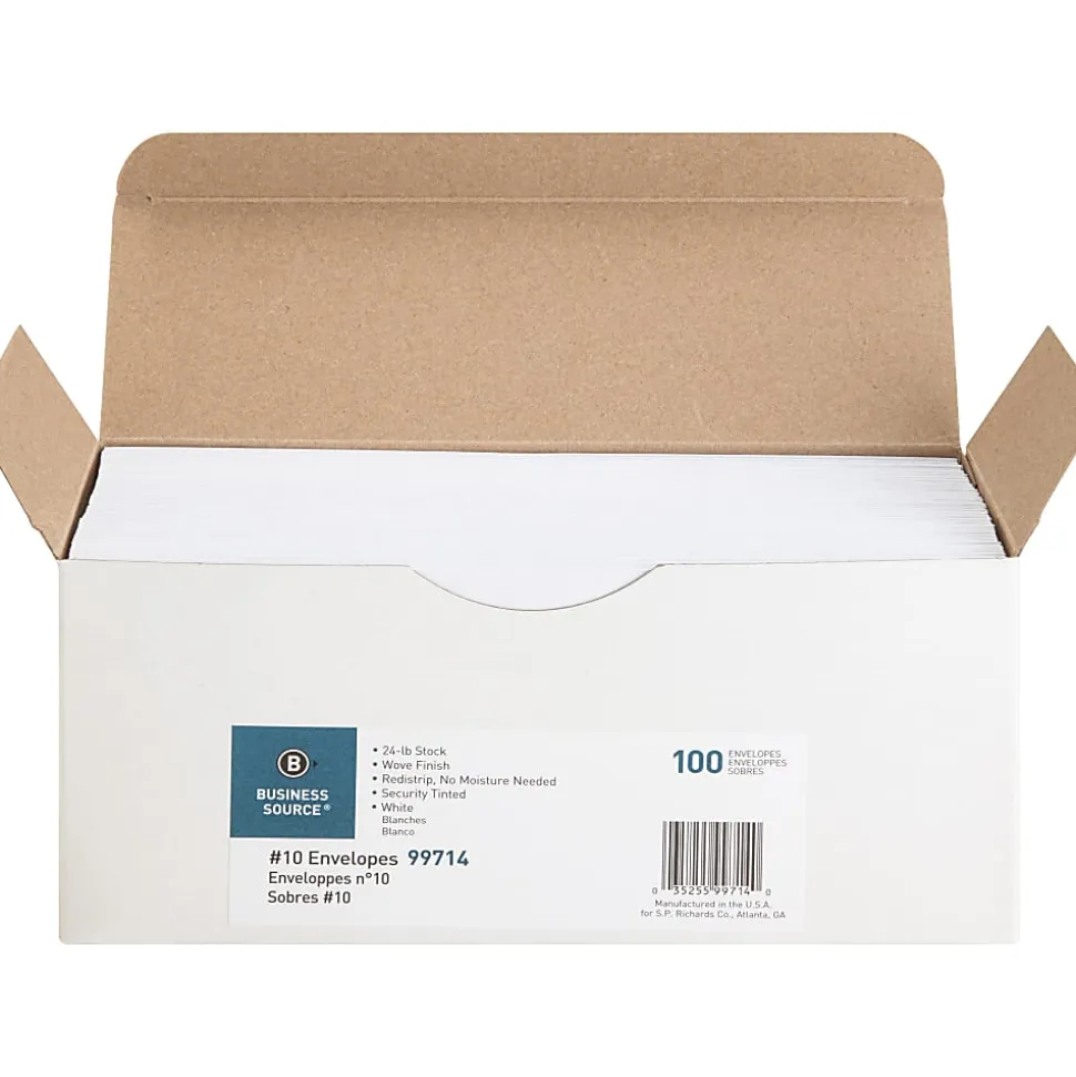 Business Source No. 10 Peel-to-seal Security Envelopes - Business - #10 - 4 1/8"x 9 1/2" - 24 lb - Peel & Seal - White - Wove - 100 / Box - 99714
