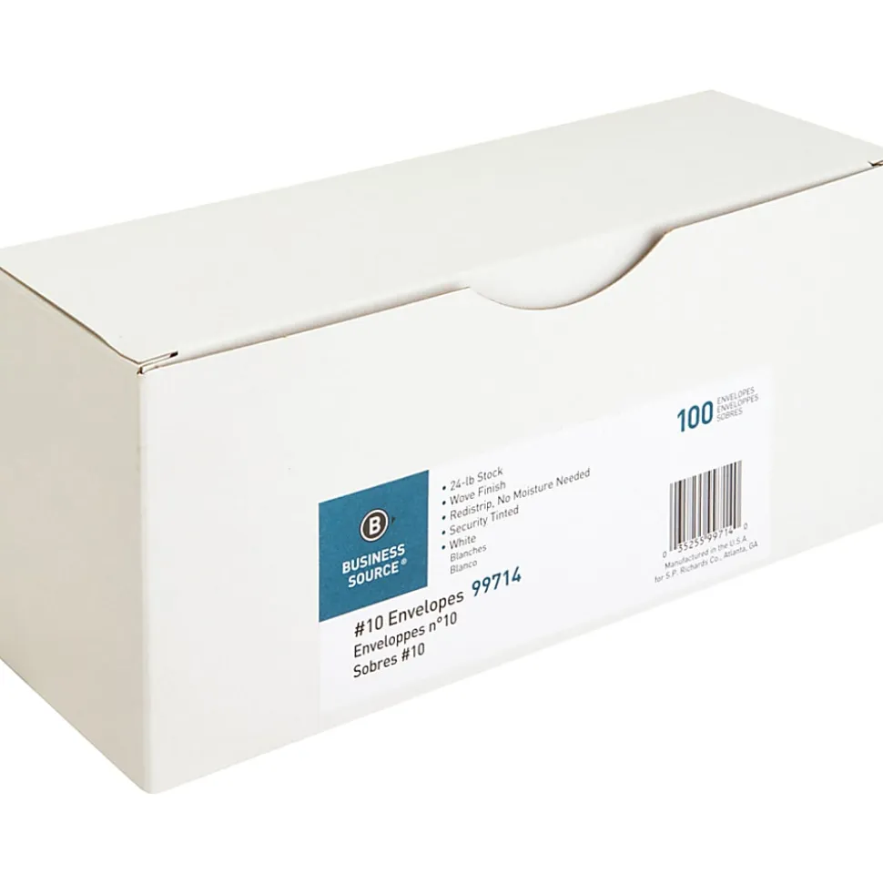 Business Source No. 10 Peel-to-seal Security Envelopes - Business - #10 - 4 1/8"x 9 1/2" - 24 lb - Peel & Seal - White - Wove - 100 / Box - 99714