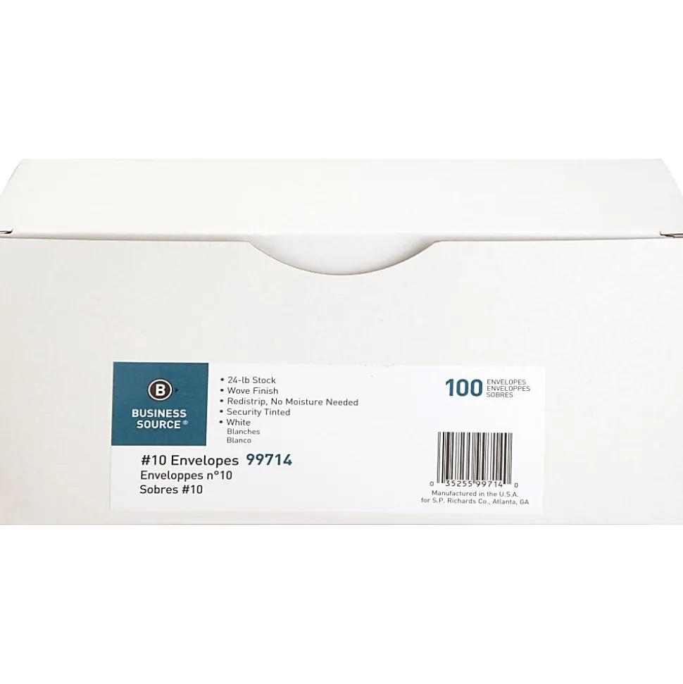 Business Source No. 10 Peel-to-seal Security Envelopes - Business - #10 - 4 1/8"x 9 1/2" - 24 lb - Peel & Seal - White - Wove - 100 / Box - 99714