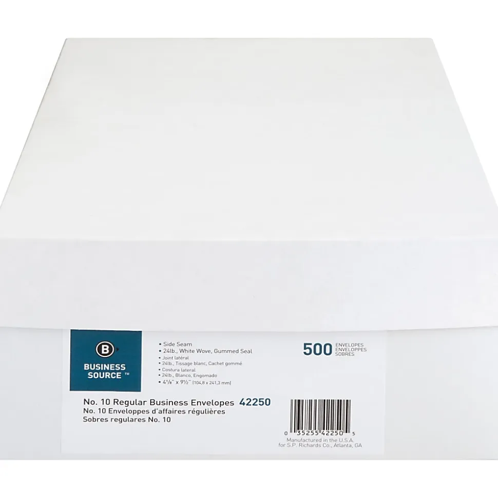 Business Source No. 10 Regular Business Envelopes - Commercial - #10 - 4 1/8" Width x 9 1/2" Length - 24 lb - Gummed - White - Wove - 500 / Box