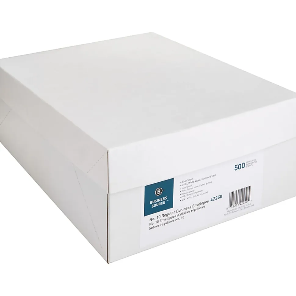 Business Source No. 10 Regular Business Envelopes - Commercial - #10 - 4 1/8" Width x 9 1/2" Length - 24 lb - Gummed - White - Wove - 500 / Box