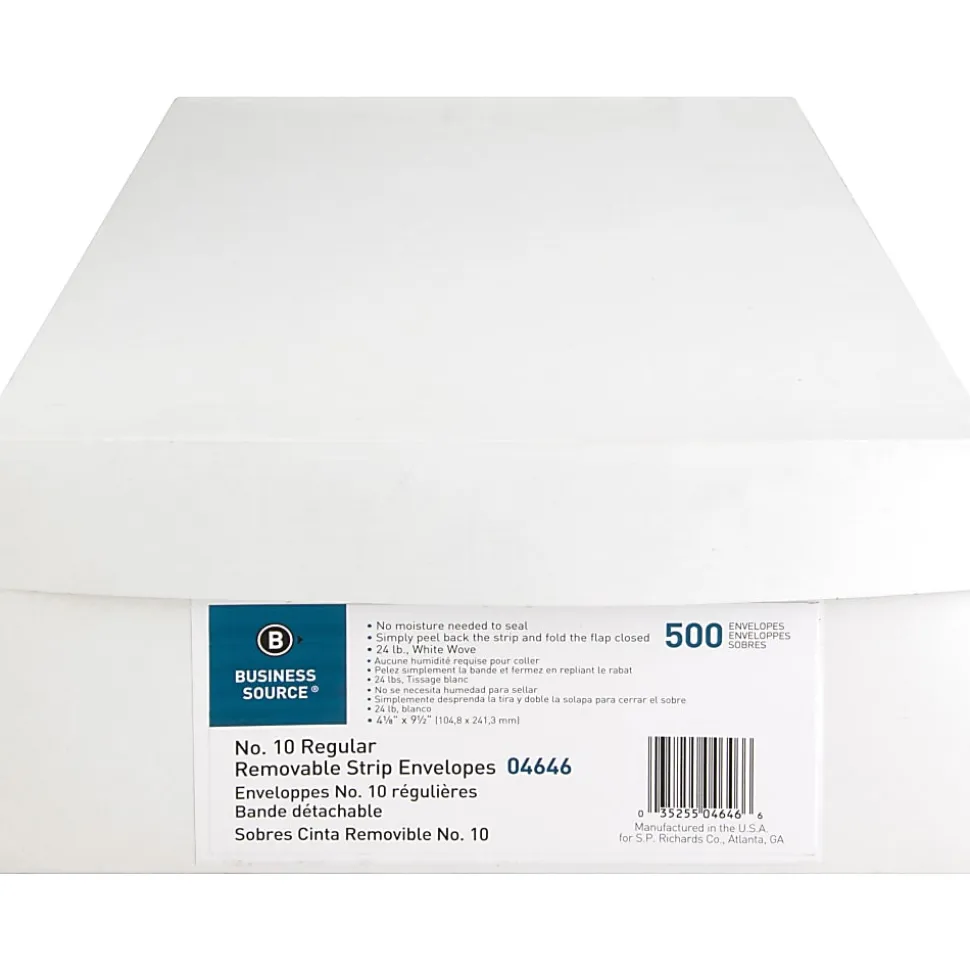 Business Source Plain Peel/Seal Business Envelopes - Business - #10 - 9 1/2" Width x 4 1/8" Length - 24 lb - Peel & Seal - White - Wove - 500 / Box