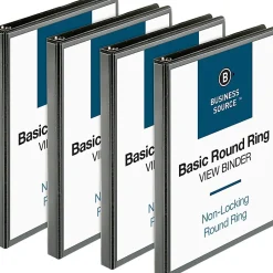 Business Source RounD-Ring View Binder, 1/2" Ring, 8 1/2" x 11", Black, Pack Of 4