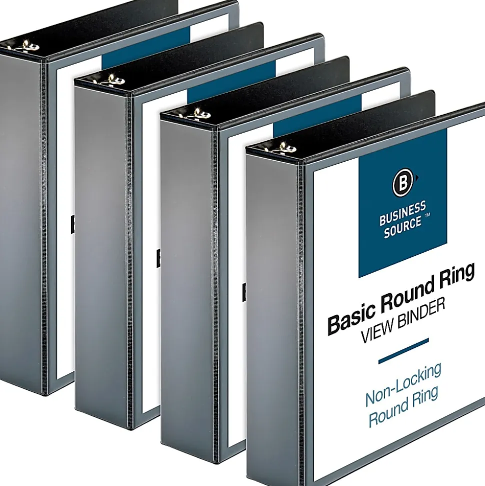 Business Source RounD-Ring View Binder, 2" Ring, 8 1/2" x 11", Black, Pack Of 4