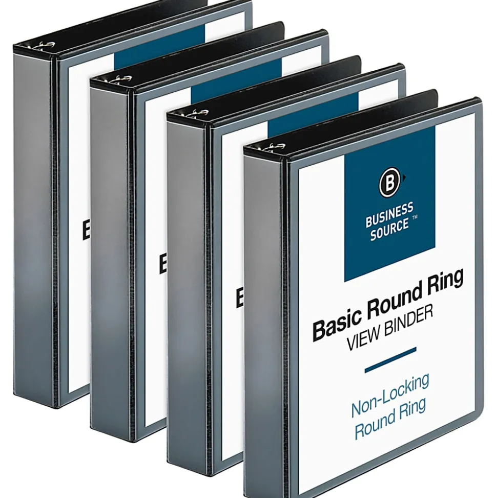 Business Source Round Ring View Binder, 1 1/2" Ring, 8 1/2" x 11", Black, Pack Of 4