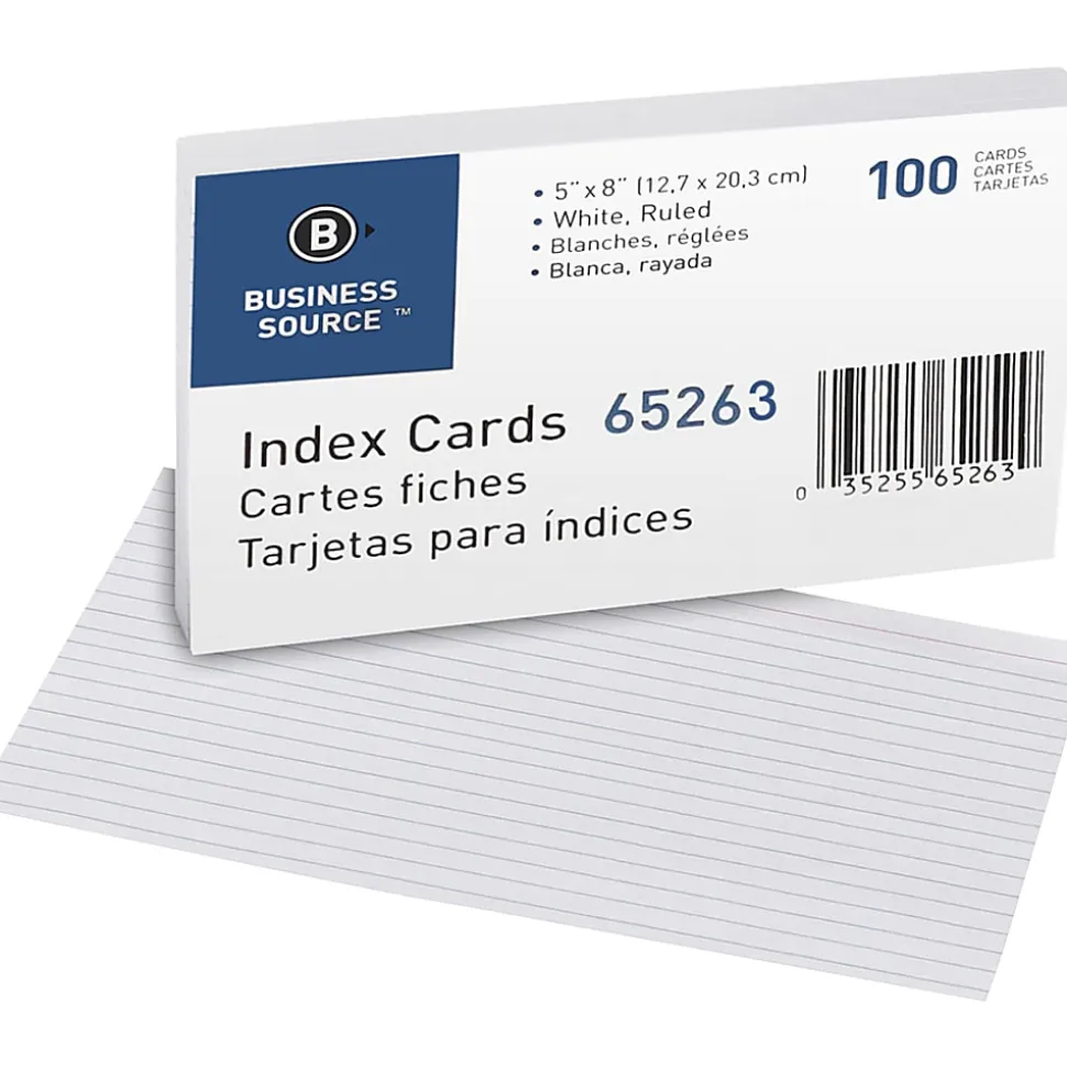 Business Source Ruled White Index Cards - Front Ruling Surface - Ruled - 72 lb Basis Weight - 5" x 8" - White Paper - 500 / Box