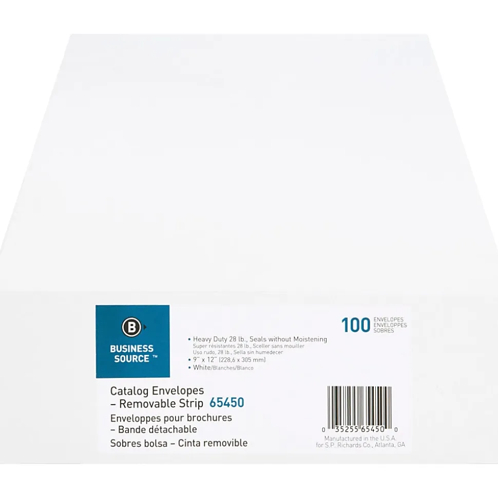 Business Source Self Sealing Catalog Envelope - Catalog - 9" Width x 12" Length - 28 lb - Peel & Seal - White - Wove - 100 / Box