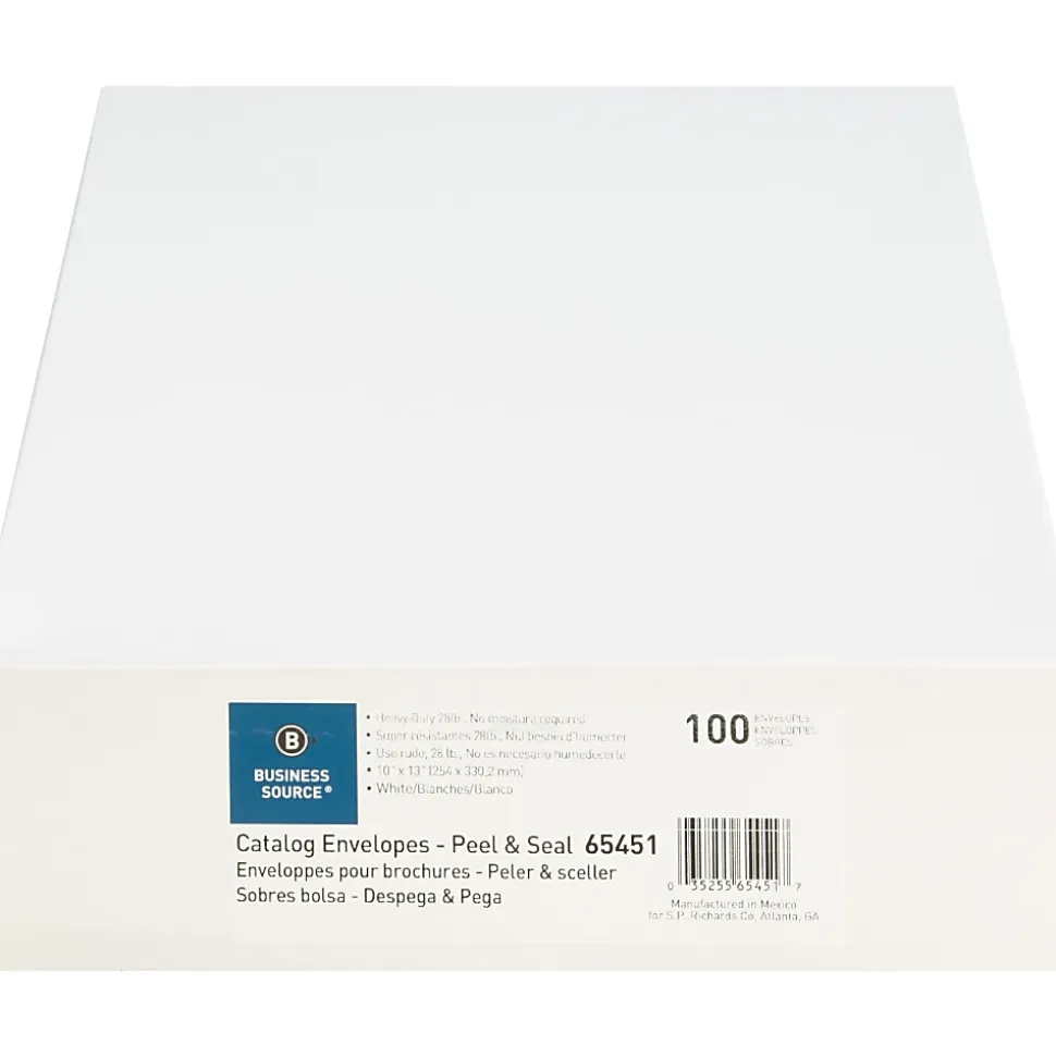 Business Source Self Sealing Catalog Envelopes - Catalog - 10" Width x 13" Length - 28 lb - Peel & Seal - White - Wove - 100 / Box
