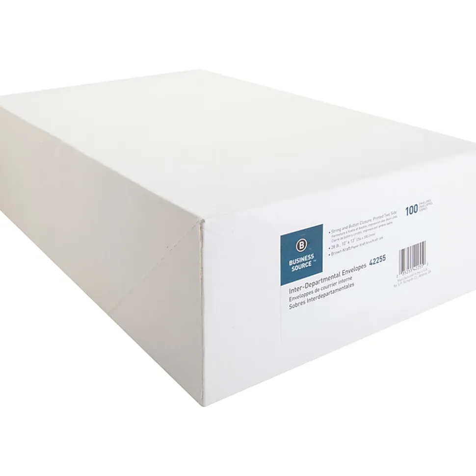 Business Source 2-sided Inter-Department Envelopes, 10" x 13", 28 Lb, Button & String, Kraft, Box Of 100