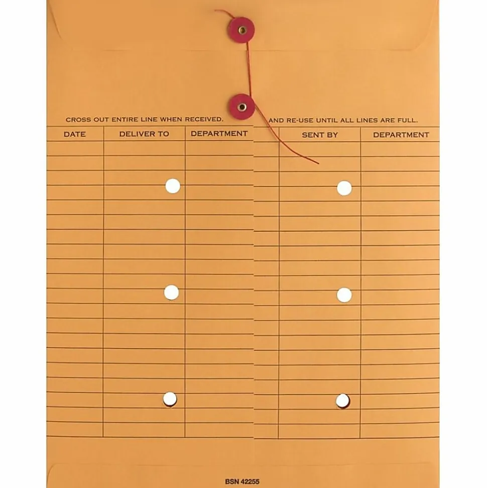 Business Source 2-sided Inter-Department Envelopes, 10" x 13", 28 Lb, Button & String, Kraft, Box Of 100