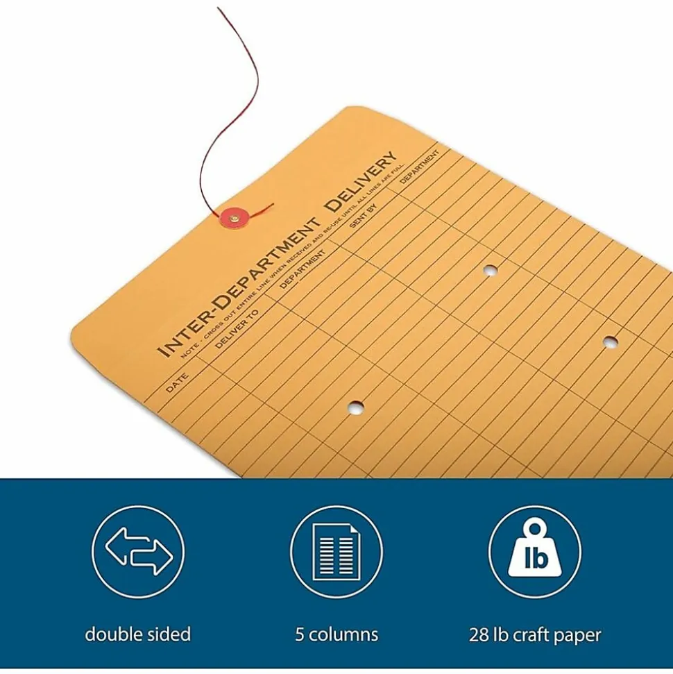Business Source 2-sided Inter-Department Envelopes, 10" x 13", 28 Lb, Button & String, Kraft, Box Of 100