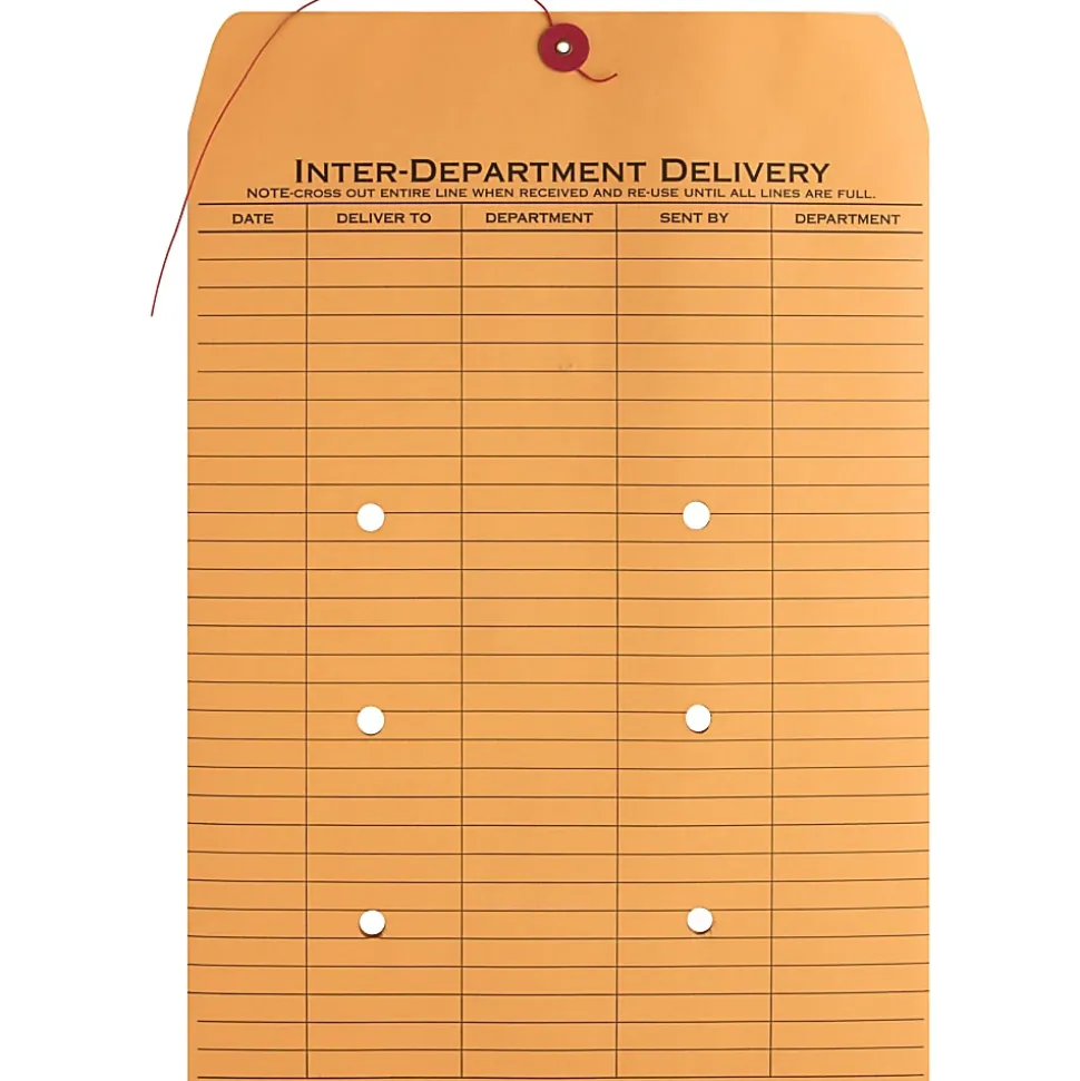 Business Source 2-sided Inter-Department Envelopes, 10" x 13", 28 Lb, Button & String, Kraft, Box Of 100