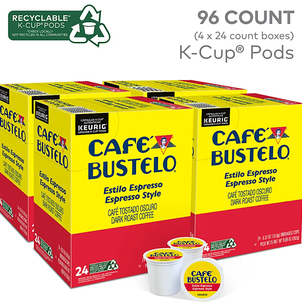 Cafe Bustelo Keurig Caf Bustelo Single Serve Pods, Espresso Roast, Classic, Box Of 24 Pods, Case Of 4 Boxes