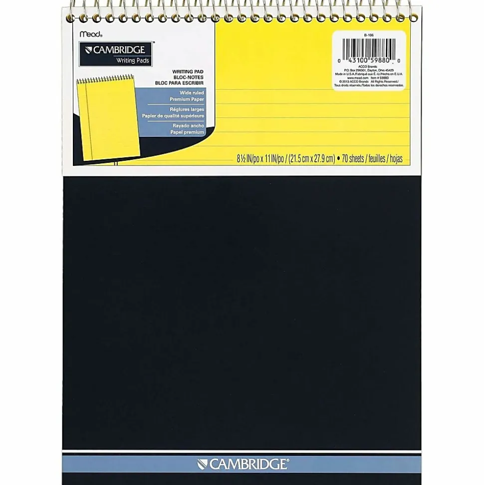 Cambridge® Stiff-Back Wire Bound Notebook, 8-1/2" x 11-3/4", Legal Ruled, 70 Sheets, Canary/Blue