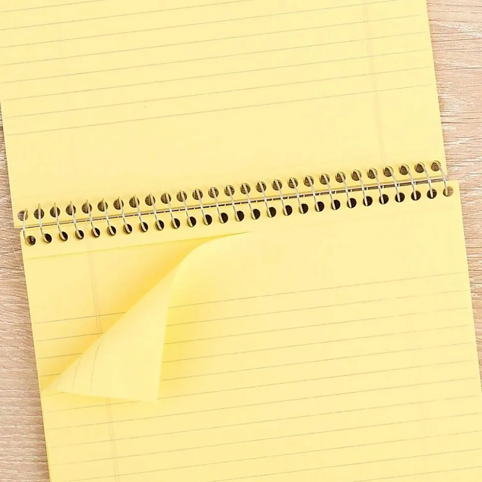 Cambridge® Stiff-Back Wire Bound Notebook, 8-1/2" x 11-3/4", Legal Ruled, 70 Sheets, Canary/Blue