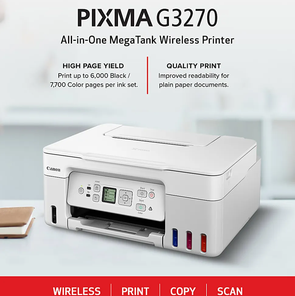 Canon® PIXMA™ G3270 MegaTank Wireless Inkjet All-In-One Color Printer, White