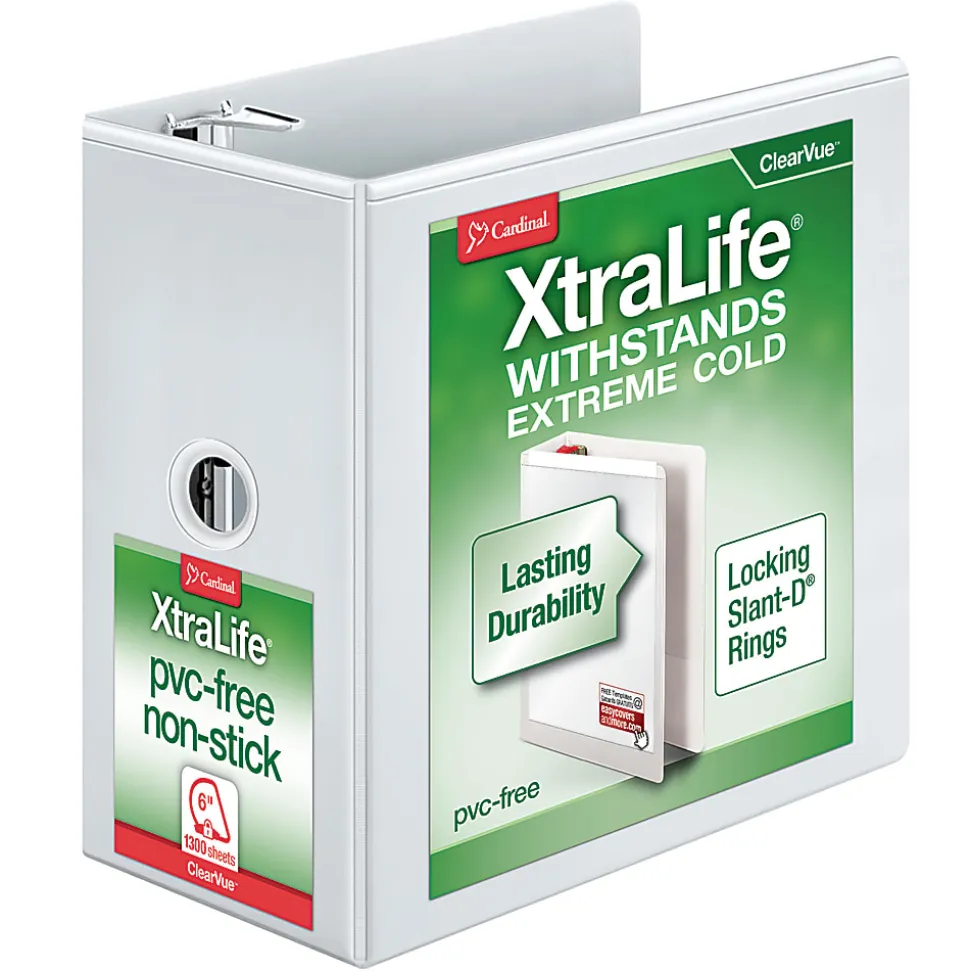 Cardinal® XtraLife™ ClearVue™ Nonstick Locking Slant 3-Ring Binder, 6" D-Rings, White