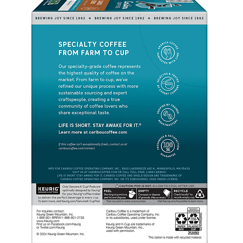 Caribou Coffee® Single-Serve Coffee K-Cup®, Caribou Blend, 96 Count (4 Packs of 24)