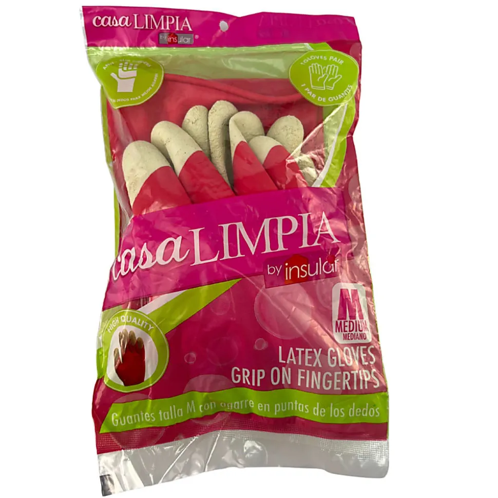 Casa Limpia Anti-Slip High-Quality Latex Gloves, Medium, Pink/White, 1 Pair Per Pack