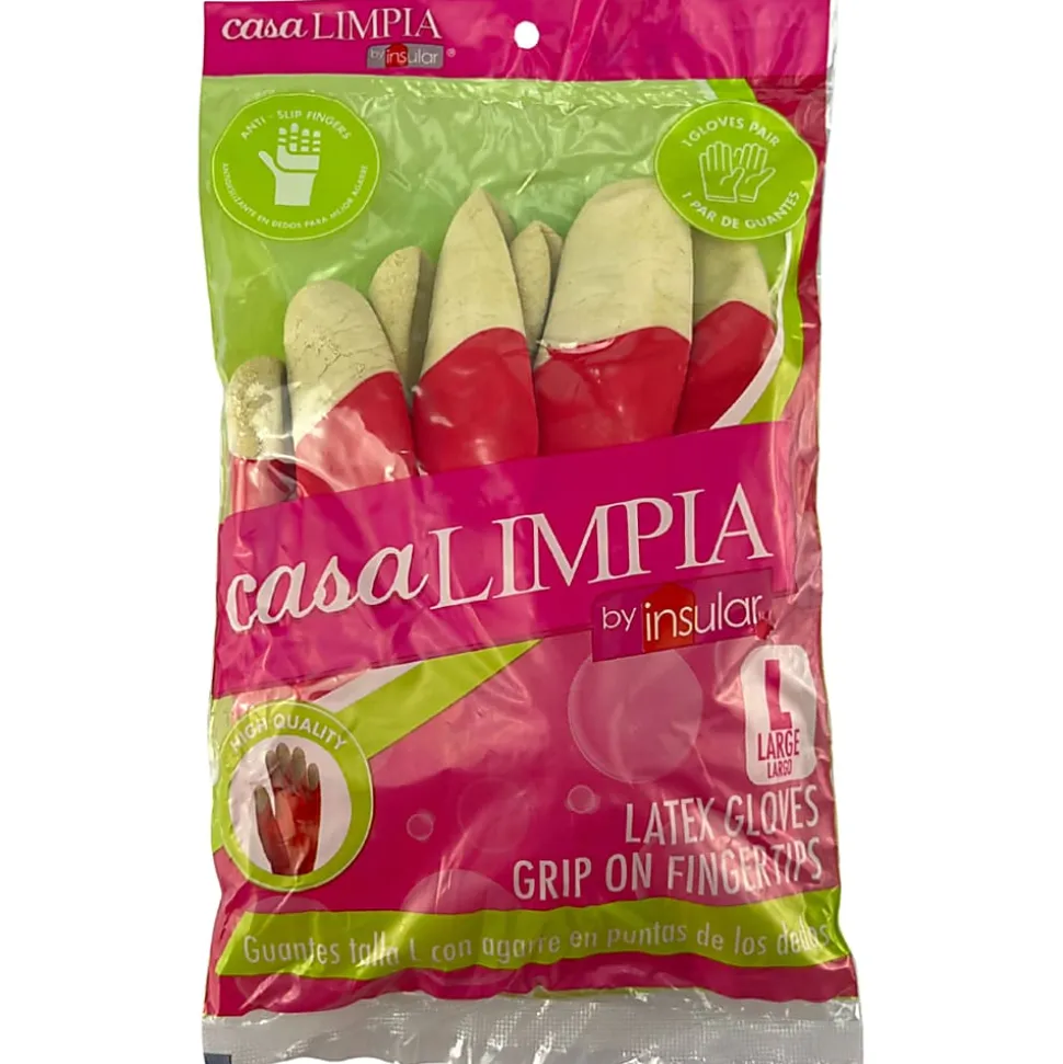 Casa Limpia Anti-Slip High-Quality Latex Gloves, Large, Pink/White, 1 Pair Per Pack