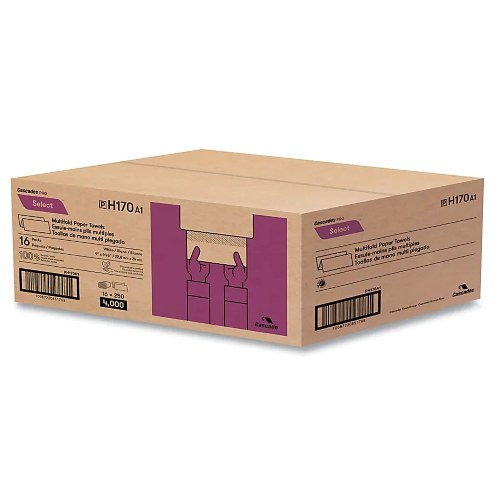 Cascades PRO Select® Folded Paper Towels, Multifold, 1-Ply, 9.13 x 9.5, White, 250/Pack, 16 Packs/Carton