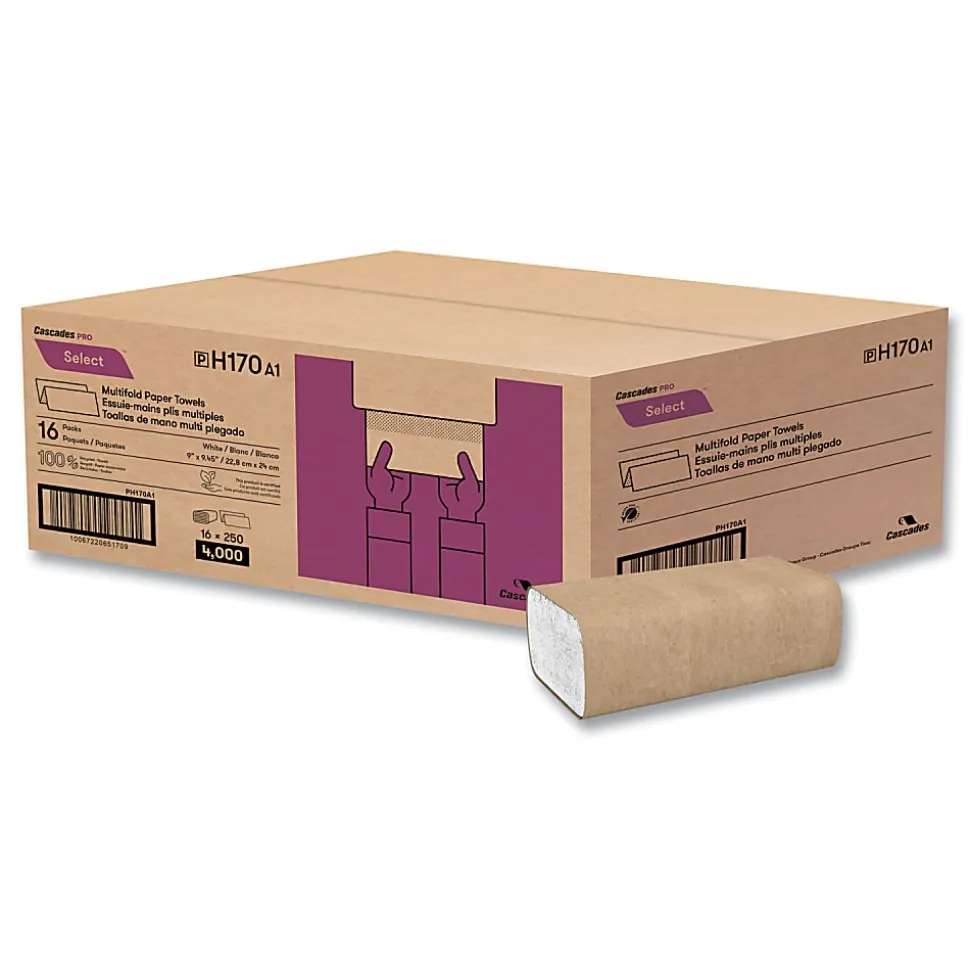 Cascades PRO Select® Folded Paper Towels, Multifold, 1-Ply, 9.13 x 9.5, White, 250/Pack, 16 Packs/Carton