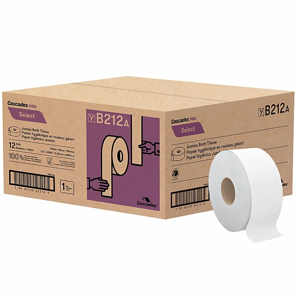 Cascades PRO Select Jumbo Roll 1-Ply Bathroom Tissue, 2000’, 100% Recycled, White, Pack Of 12 Rolls