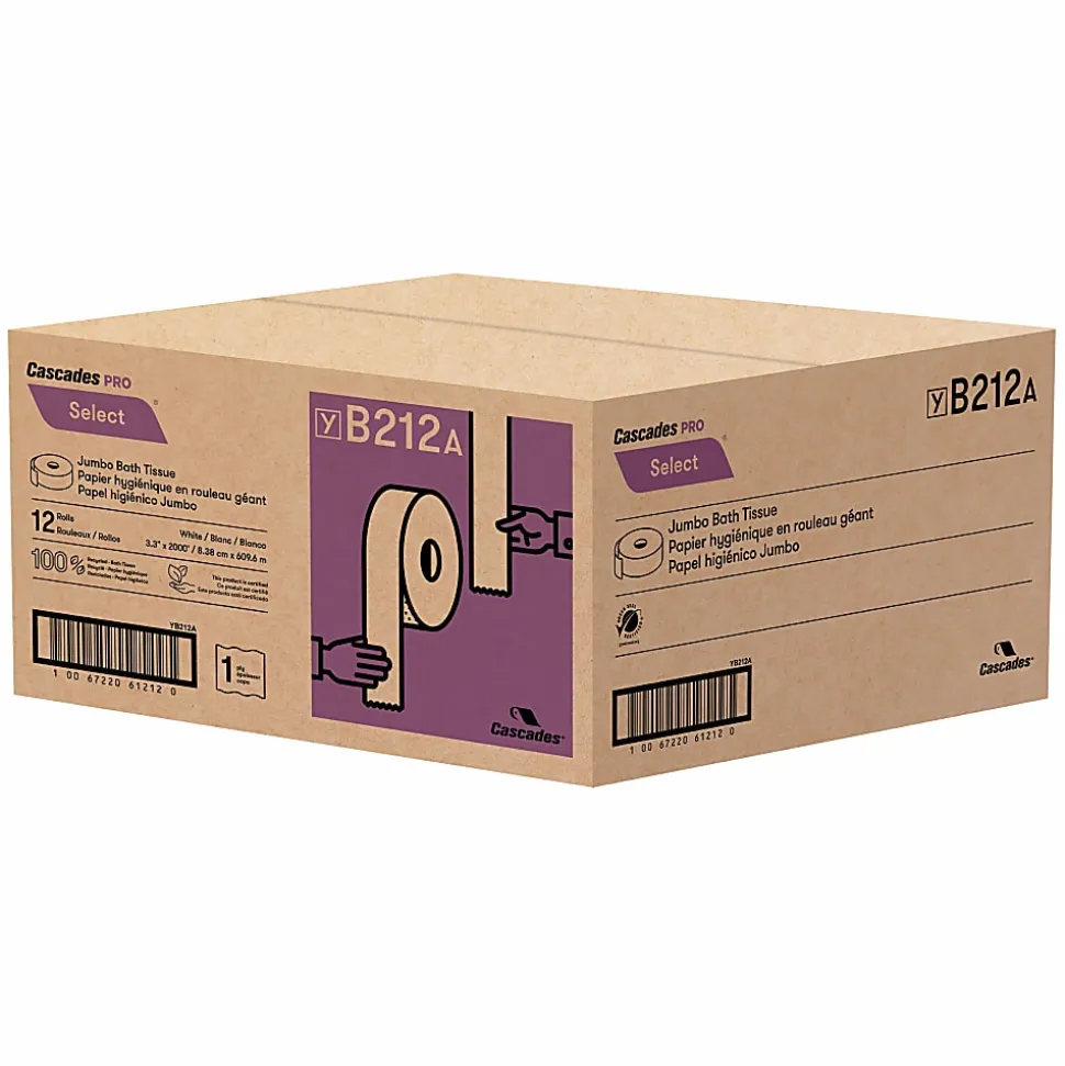 Cascades PRO Select Jumbo Roll 1-Ply Bathroom Tissue, 2000’, 100% Recycled, White, Pack Of 12 Rolls