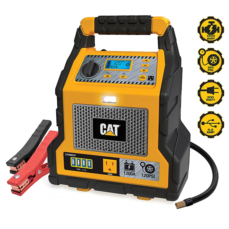 CAT Power Station With 1,200-Peak-Amp Jump Starter, Tire Compressor and Power Inverter, Black/Yellow, CJ1000DXT