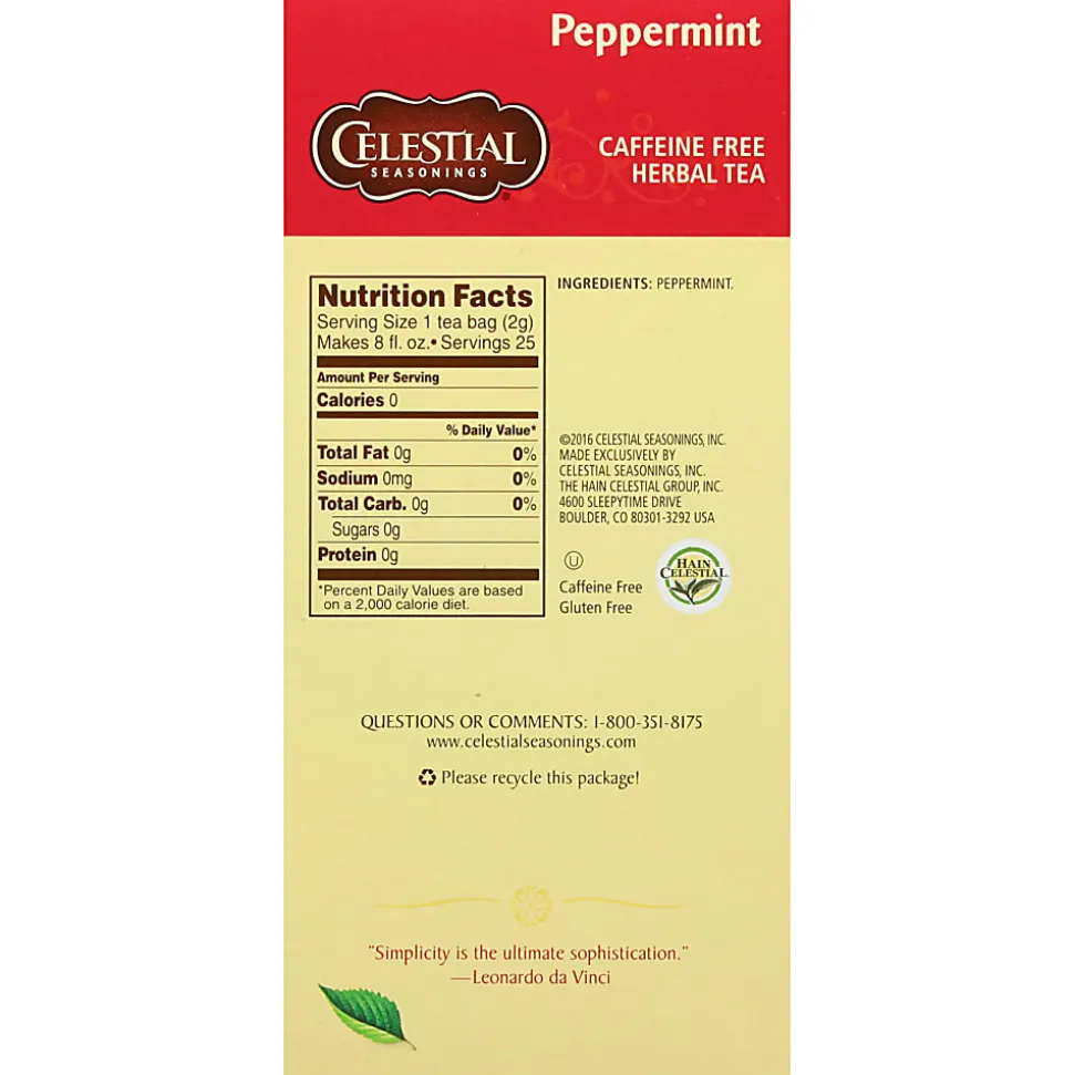 Celestial Seasonings Caffeine Free Peppermint Herbal Tea Bags, 1.5 Oz, Total Qty 25