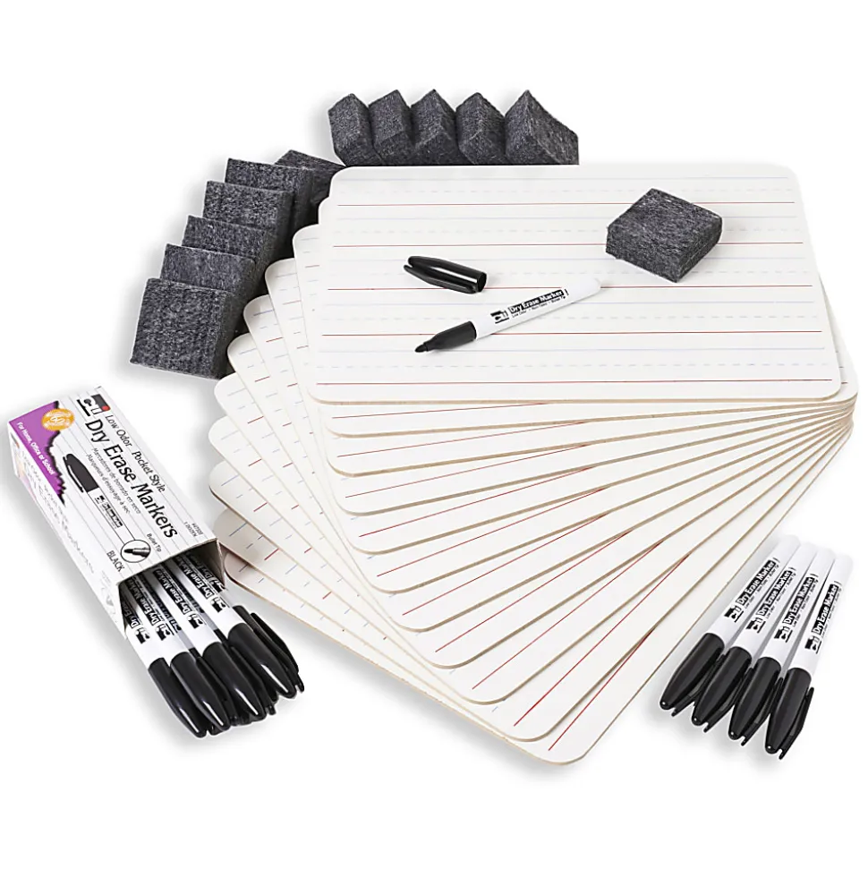 Charles Leonard Magnetic 2-Sided Dry-Erase Lap Boards With Markers And Erasers, 9" x 12", White, Pack Of 12 Boards