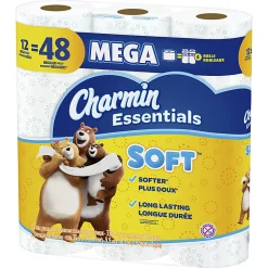 Charmin Essentials 2-Ply Soft Mega Toilet Paper Rolls, 15” x 5-1/4”, White, 330 Sheets Per Roll, Pack Of 12 Rolls