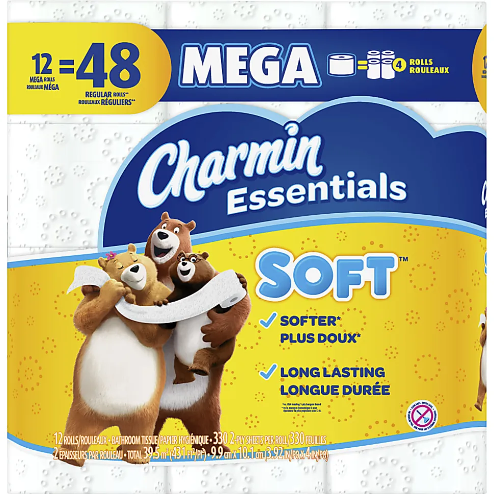 Charmin Essentials 2-Ply Soft Mega Toilet Paper Rolls, 15” x 5-1/4”, White, 330 Sheets Per Roll, Pack Of 12 Rolls