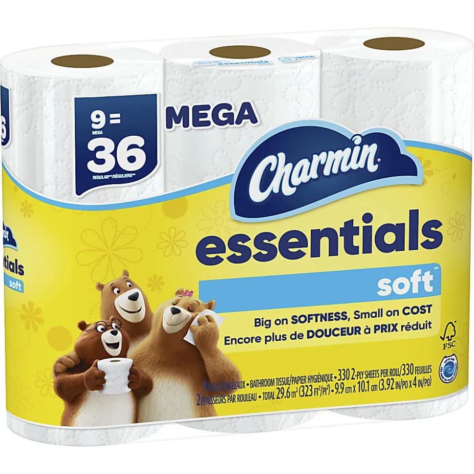 Charmin Essentials Soft Mega 2-Ply Toilet Paper Rolls, 4" x 4-1/2", 330 Sheets Per Roll, White, Pack Of 9 Rolls