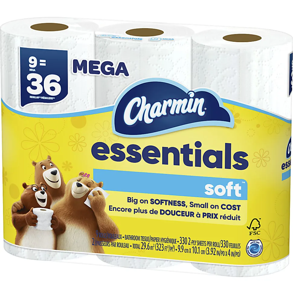 Charmin Essentials Soft Mega 2-Ply Toilet Paper Rolls, 4" x 4-1/2", 330 Sheets Per Roll, White, Pack Of 9 Rolls