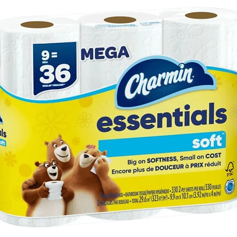 Charmin Essentials Soft Mega 2-Ply Toilet Paper Rolls, 4" x 4-1/2", 330 Sheets Per Roll, White, Pack Of 9 Rolls