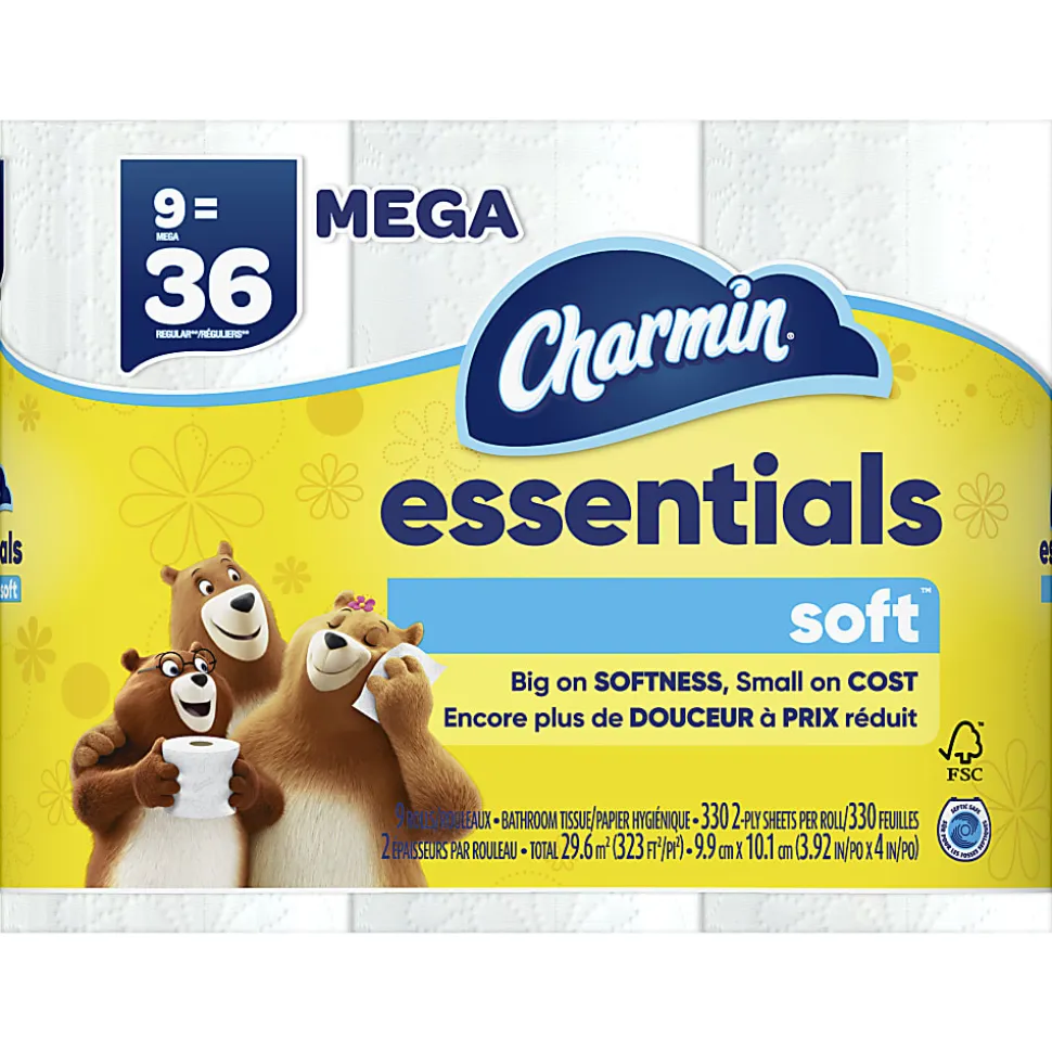 Charmin Essentials Soft Mega 2-Ply Toilet Paper Rolls, 4" x 4-1/2", 330 Sheets Per Roll, White, Pack Of 9 Rolls