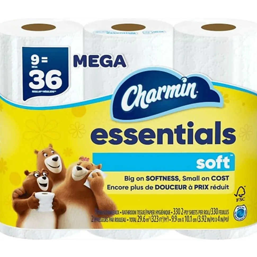 Charmin Essentials Soft Mega 2-Ply Toilet Paper Rolls, 4" x 4-1/2", 330 Sheets Per Roll, White, Pack Of 9 Rolls