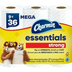 Charmin Essentials Strong Mega 2-Ply Toilet Paper Rolls, 4" x 4-1/2", White, 429 Sheets Per Roll, Pack Of 9 Rolls
